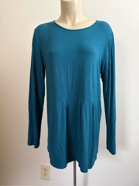 J. Jill Wearever Pleated Babydoll Tunic Shirt Teal Cyan Blue Long Sleeve Medium